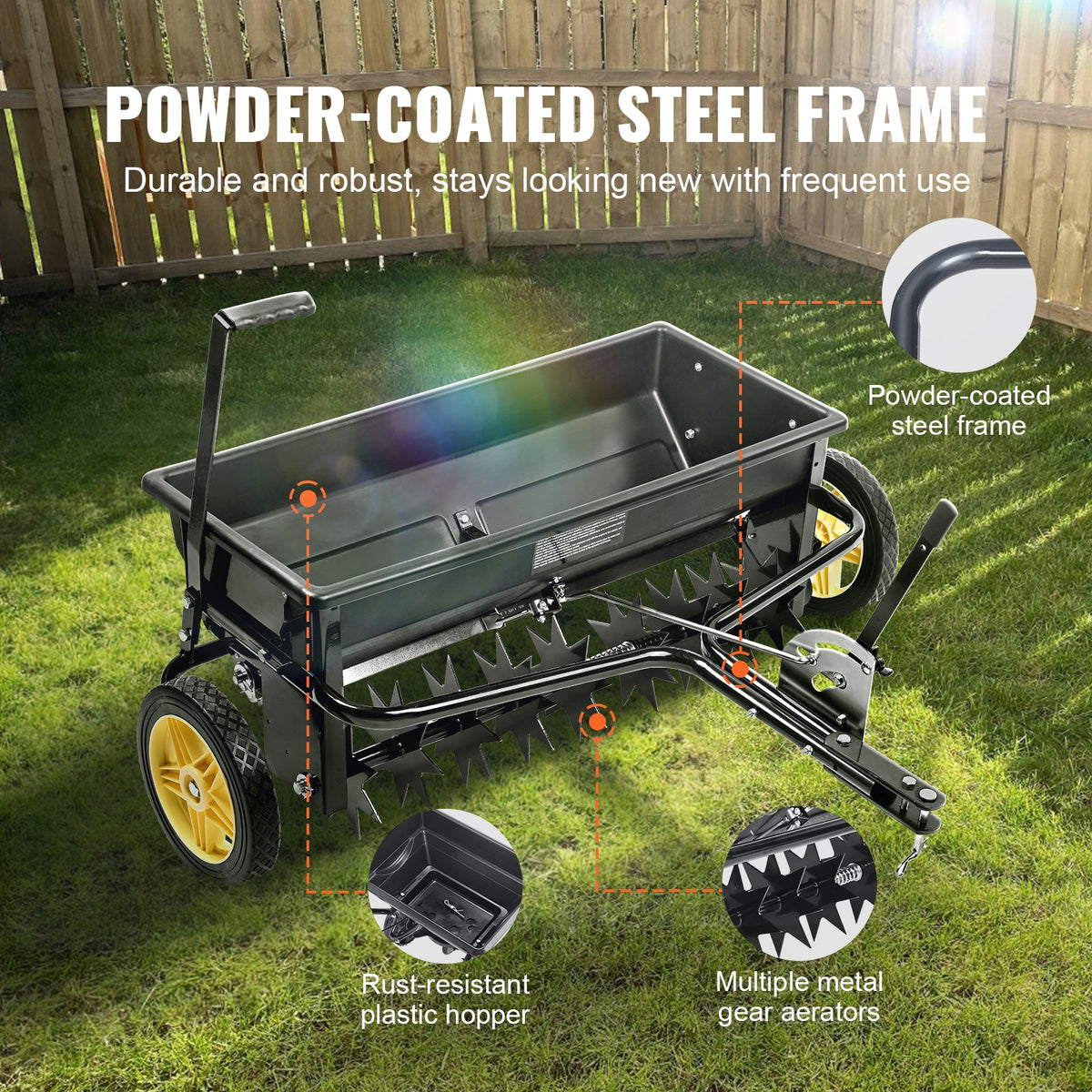 Broadcast Spreader 100LB | Tow-Behind Poly Drop Spreader with Aerator & Seeder