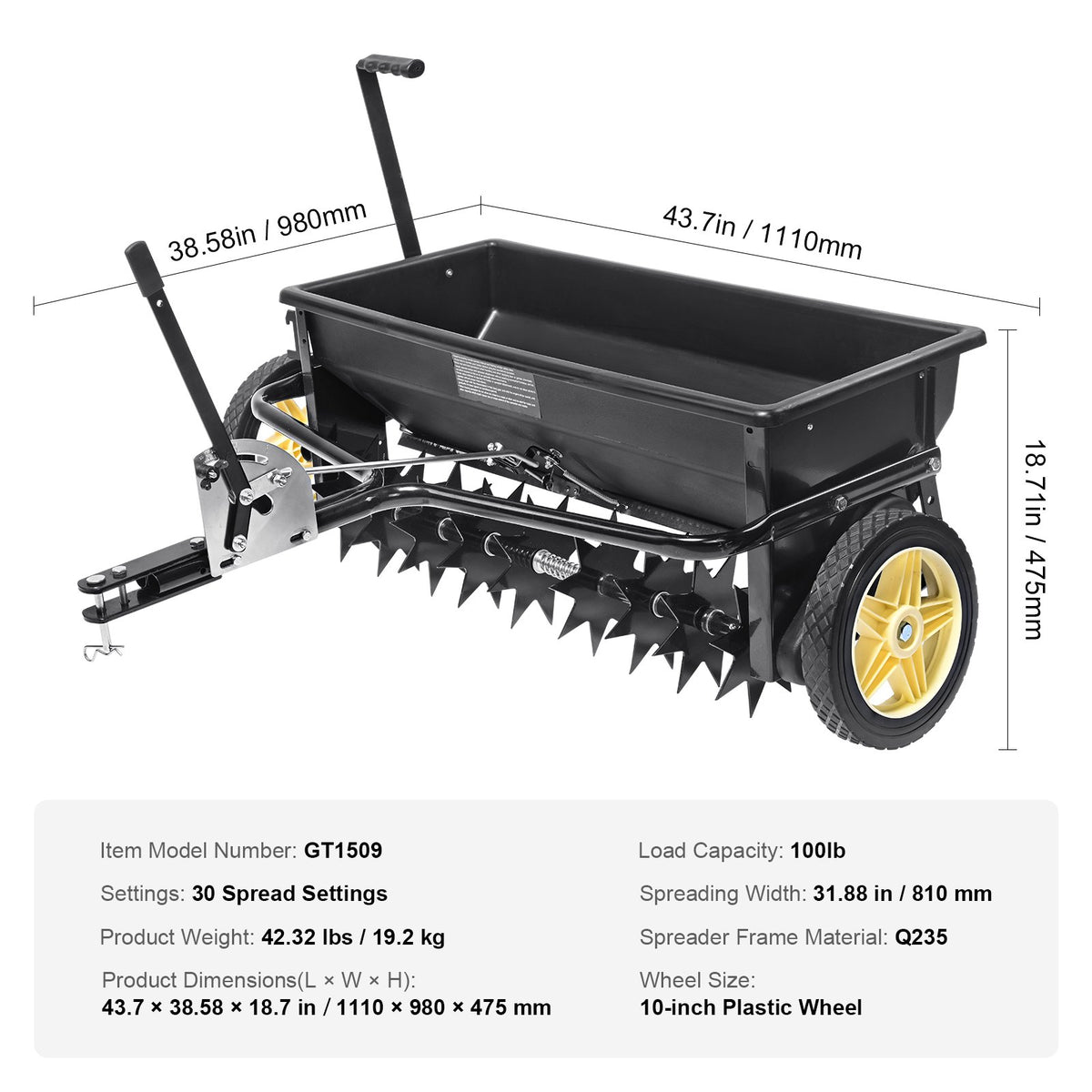 Broadcast Spreader 100LB | Tow-Behind Poly Drop Spreader with Aerator & Seeder