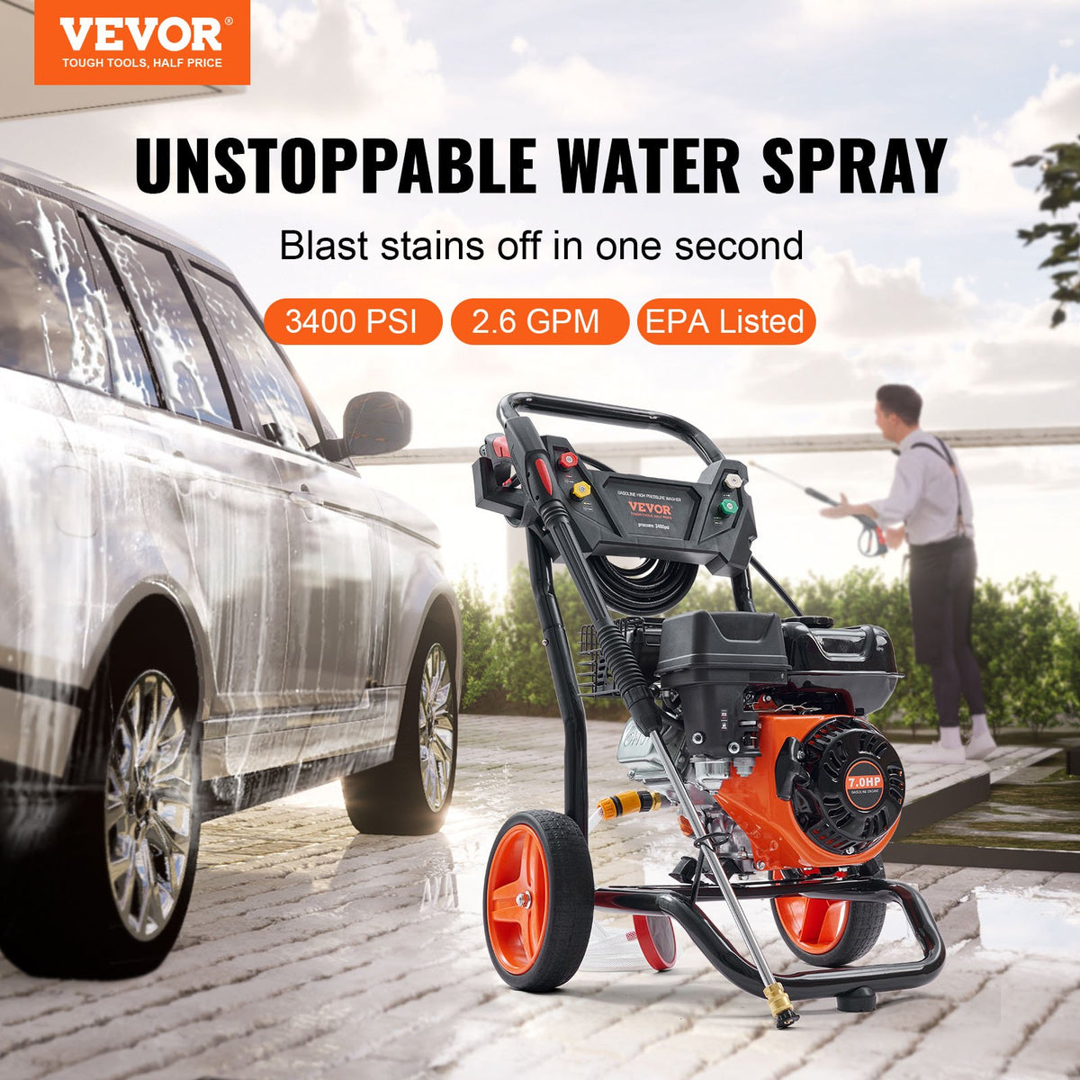 Gas Pressure Washer | 3400 PSI 2.6 GPM 210cc 5 Nozzle Gas-Powered Washer