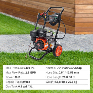 Gas Pressure Washer | 3400 PSI 2.6 GPM 210cc 5 Nozzle Gas-Powered Washer