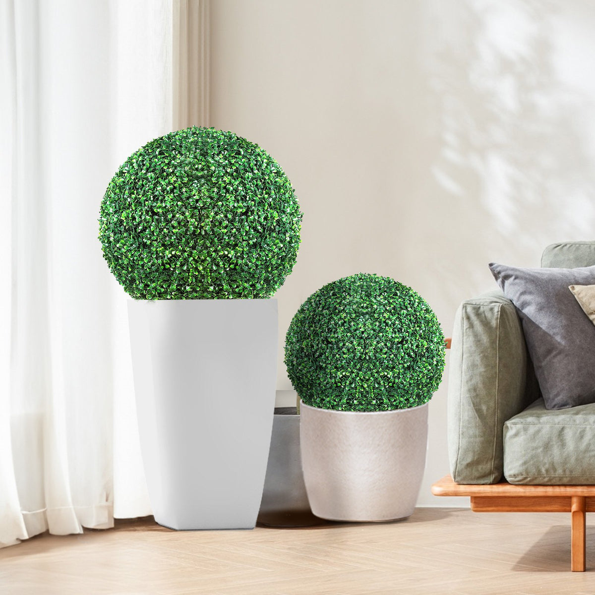 Artificial Boxwood Topiary Trees | 2-Pack Ball-Shape Faux Plants | All-Year Green Outdoor/Indoor Décor