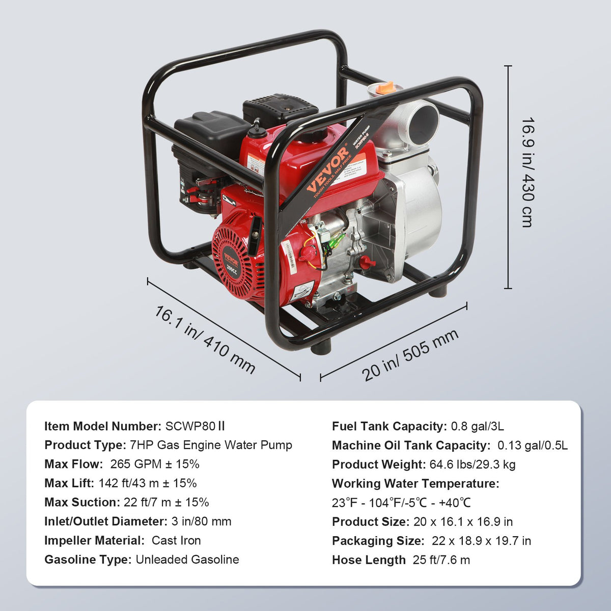 Gasoline Engine Water Pump 80mm | 7HP 265 GPM | 43m Lift | 4-Stroke with Hose Kit | EPA Certified