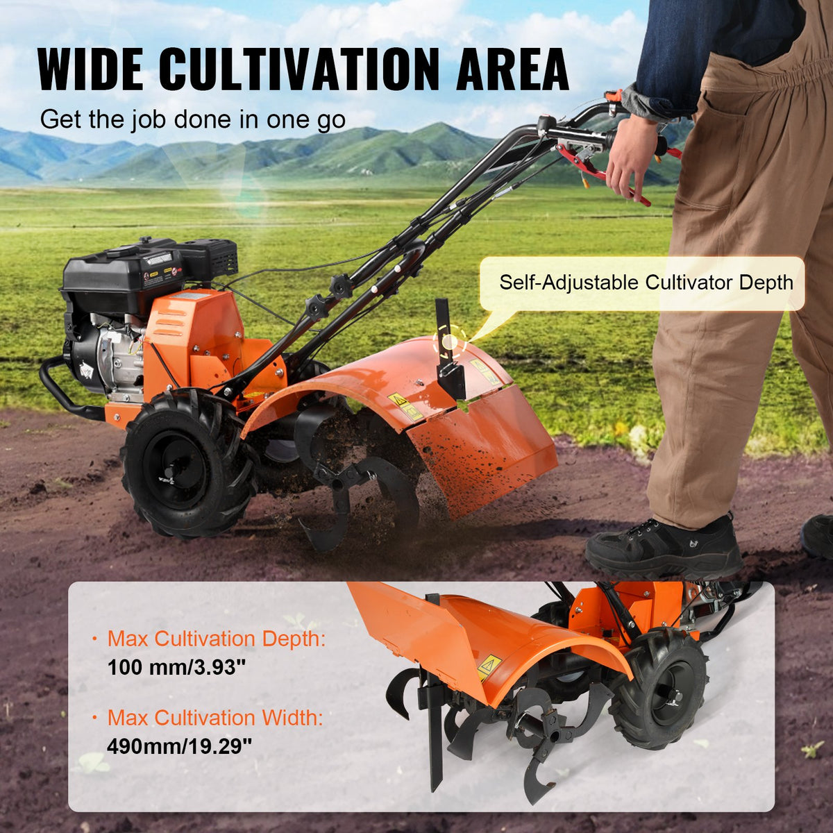 Tiller Cultivator | 212CC 4-Stroke Gas Powered | Rear Tines for Garden & Lawn Soil