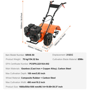 Tiller Cultivator | 212CC 4-Stroke Gas Powered | Rear Tines for Garden & Lawn Soil
