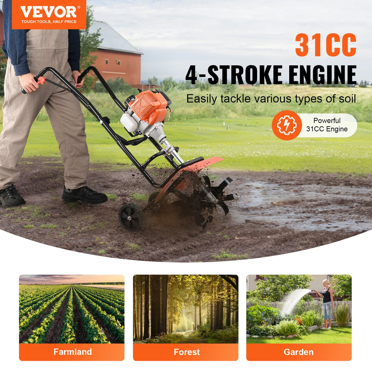 Tiller Cultivator | 31CC 4-Stroke Gas Powered | Front Tines for Garden & Lawn Soil