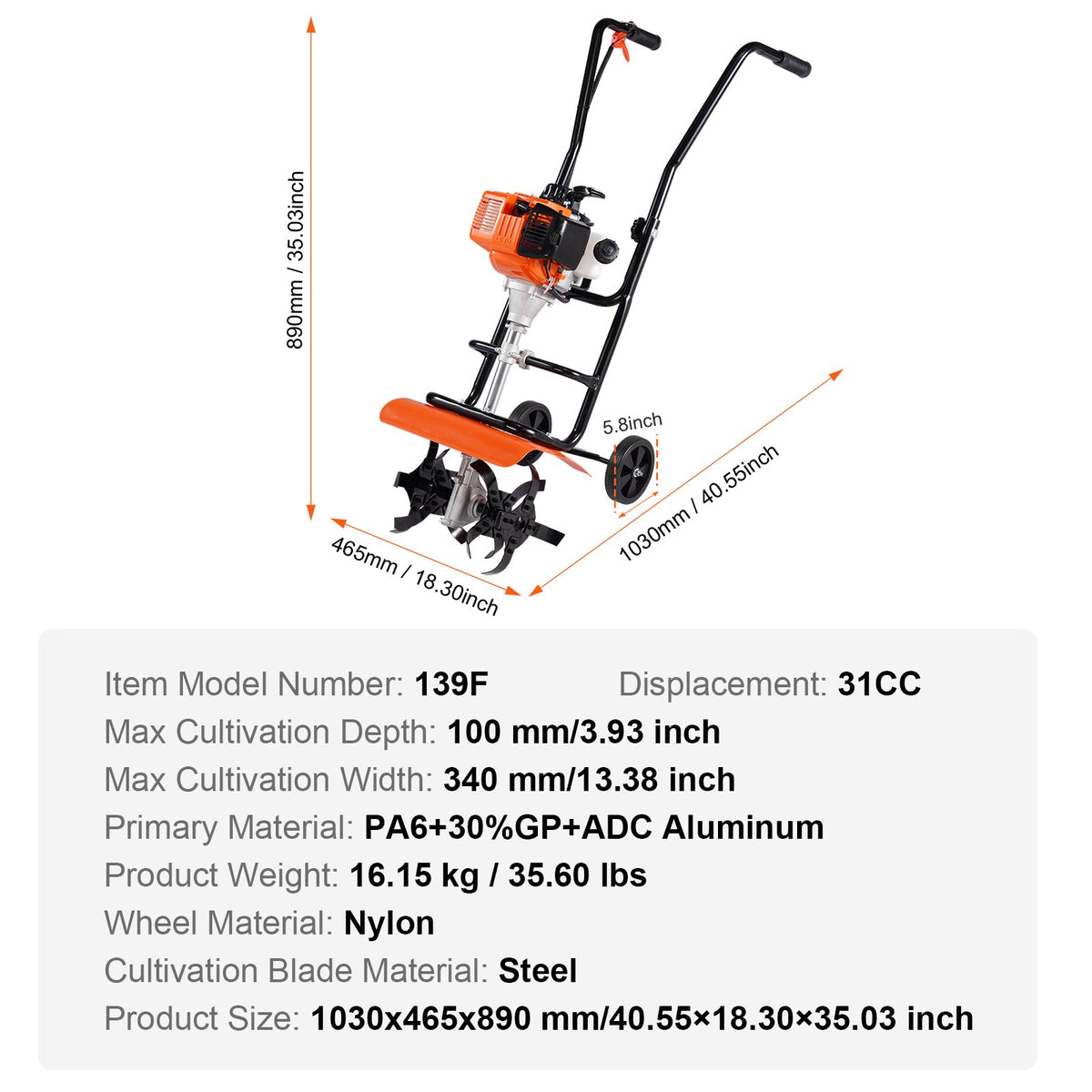 Tiller Cultivator | 38CC 4-Stroke Gas Powered | Front Tines for Garden & Lawn Soil