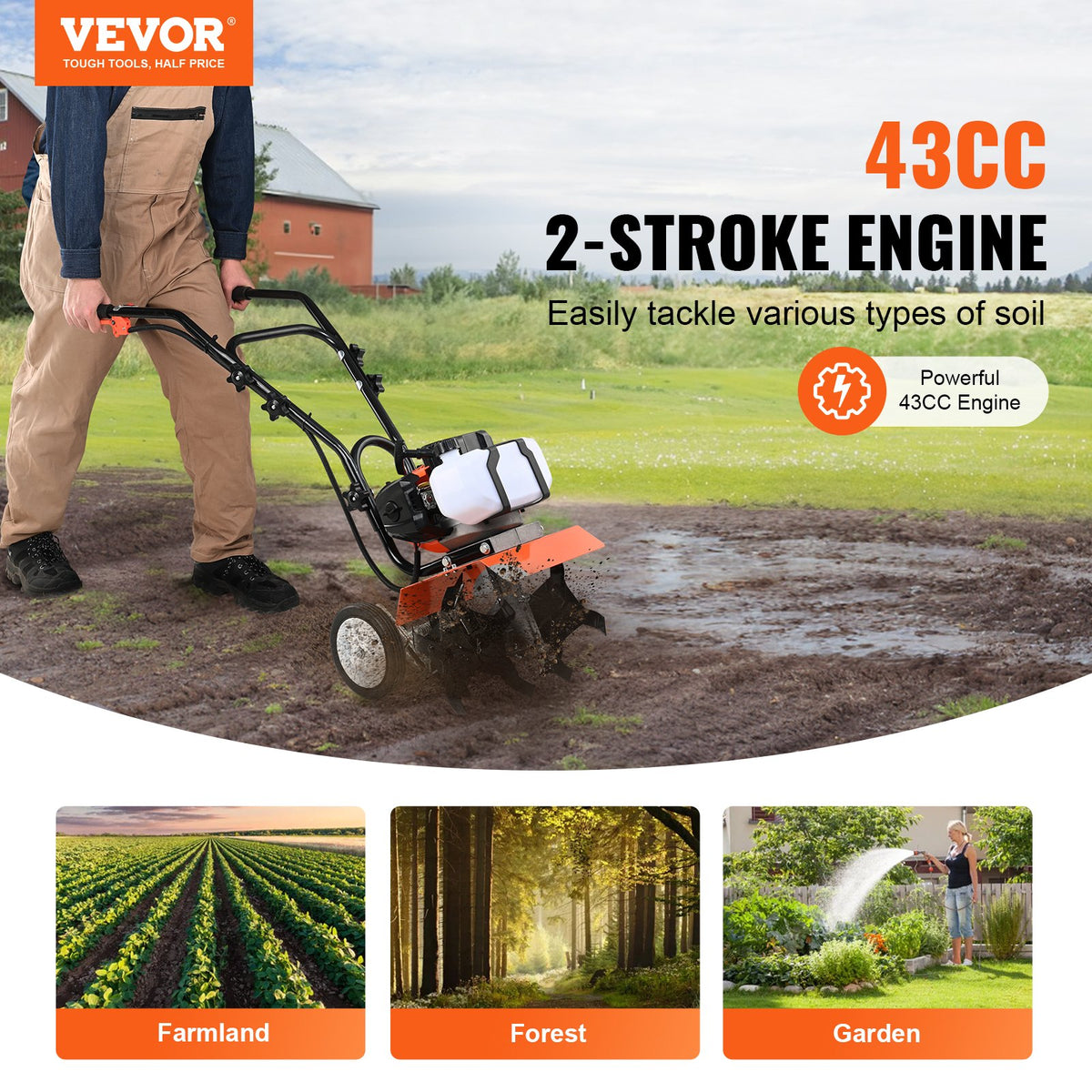 Tiller Cultivator | 43CC 2-Stroke Gas Powered | Front Tines Adjustable for Soil Cultivation