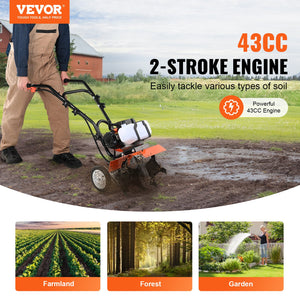Tiller Cultivator | 43CC 2-Stroke Gas Powered | Front Tines Adjustable for Soil Cultivation