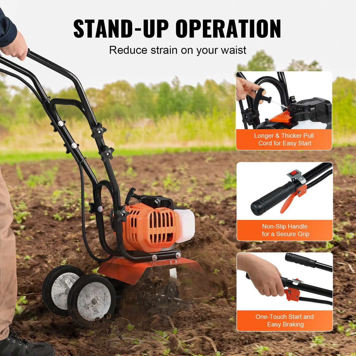 Tiller Cultivator | 43CC 2-Stroke Gas Powered | Front Tines Adjustable for Soil Cultivation