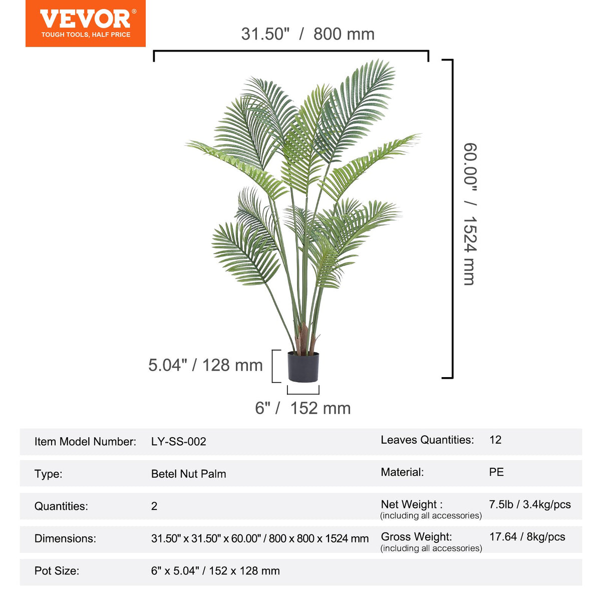 Artificial Palm Tree 1.5m | PE Material | Anti-Tip Base | Realistic Indoor Outdoor Faux Plant for Home & Office