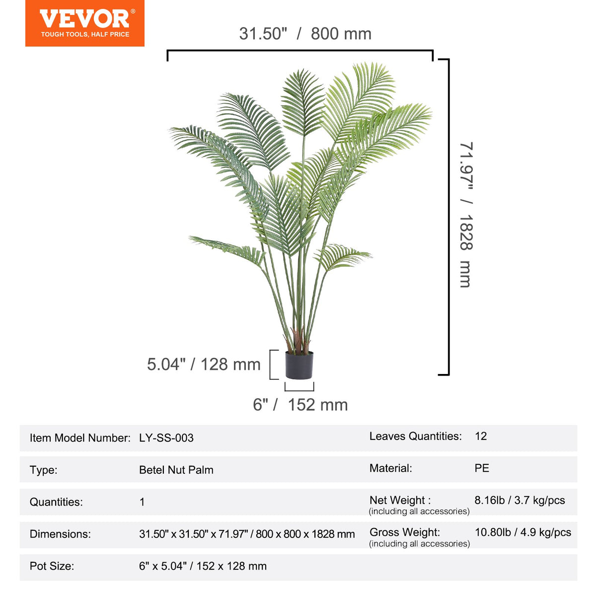 Artificial Palm Tree 1.8m | PE Material | Anti-Tip Base | Realistic Green Indoor Outdoor Faux Plant for Home, Office & Events