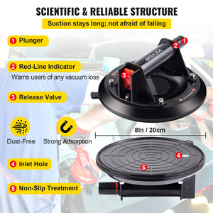 Glass Suction Cup 8 Inch | 220lbs Load Capacity Vacuum Lifter with Plastic Handle | Heavy Duty Glass & Granite Lifter | Free Carry Case