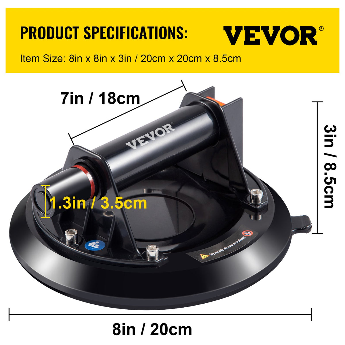 Glass Suction Cup 8 Inch | 220lbs Load Capacity Vacuum Lifter with Plastic Handle | Heavy Duty Glass & Granite Lifter | Free Carry Case