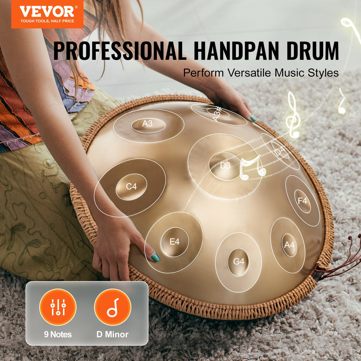Handpan Drum | 22" 9-Note D Minor Steel Tongue Drum with Mallets