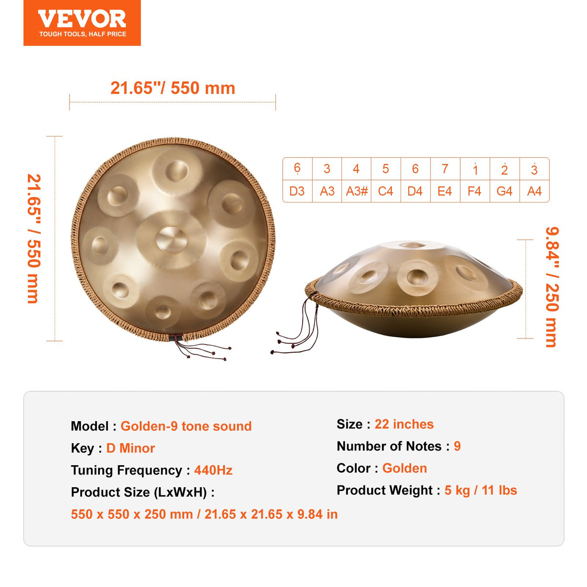Handpan Drum | 22" 9-Note D Minor Steel Tongue Drum with Mallets
