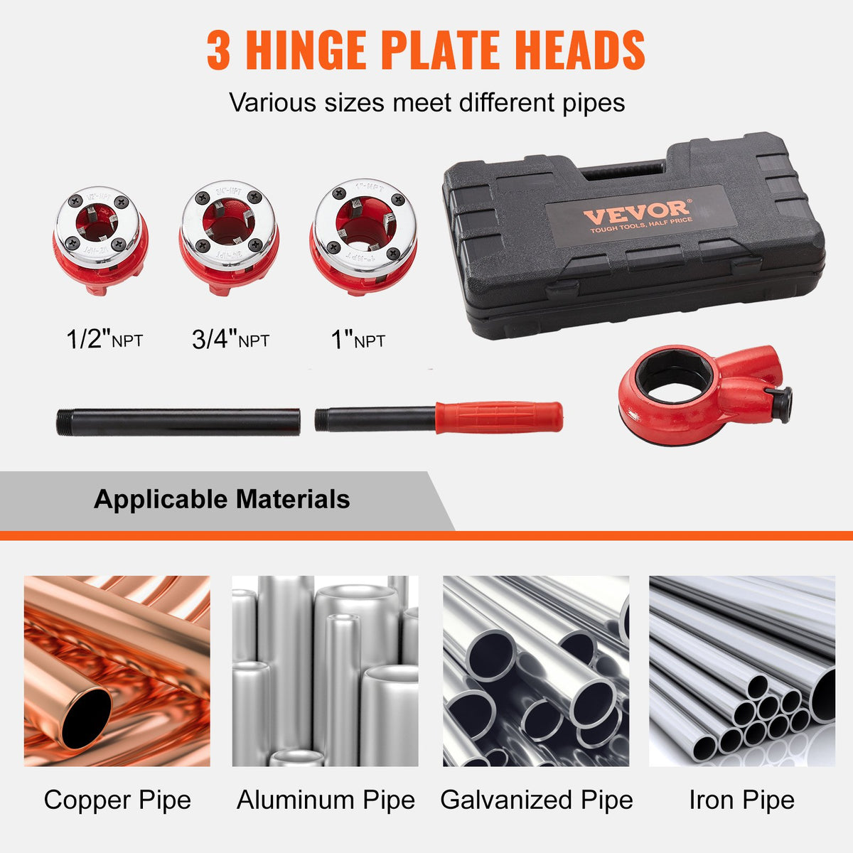 Ratchet Pipe Threader Kit | 1/2", 3/4", 1" NPT Dies | Manual Threading Tool Set with Storage Case | For Galvanised, Aluminium, Iron & Copper Pipes