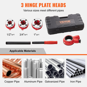 Ratchet Pipe Threader Kit | 1/2", 3/4", 1" NPT Dies | Manual Threading Tool Set with Storage Case | For Galvanised, Aluminium, Iron & Copper Pipes