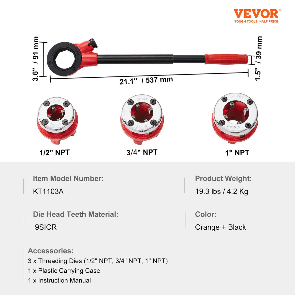 Ratchet Pipe Threader Kit | 1/2", 3/4", 1" NPT Dies | Manual Threading Tool Set with Storage Case | For Galvanised, Aluminium, Iron & Copper Pipes