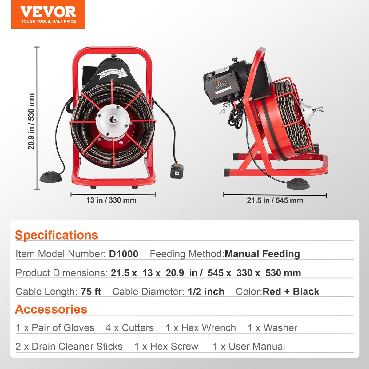 Drain Auger | 75ft x 1/2" Manual Feed Sewer Cleaning Machine