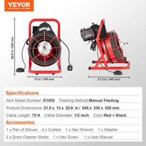 Drain Auger | 75ft x 1/2" Manual Feed Sewer Cleaning Machine