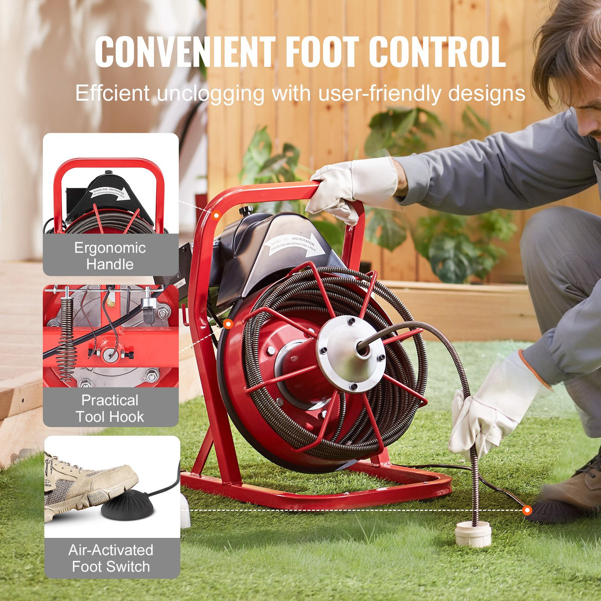 Drain Auger | 50ft x 3/8" Manual Feed Pipe Cleaner with 4 Cutters