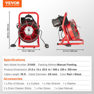 Drain Auger | 50ft x 3/8" Manual Feed Pipe Cleaner with 4 Cutters