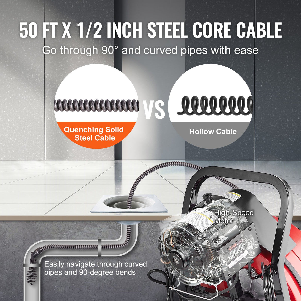 Drain Cleaner Machine | 50FT x 1/2" Manual Feed Auger with Wheels