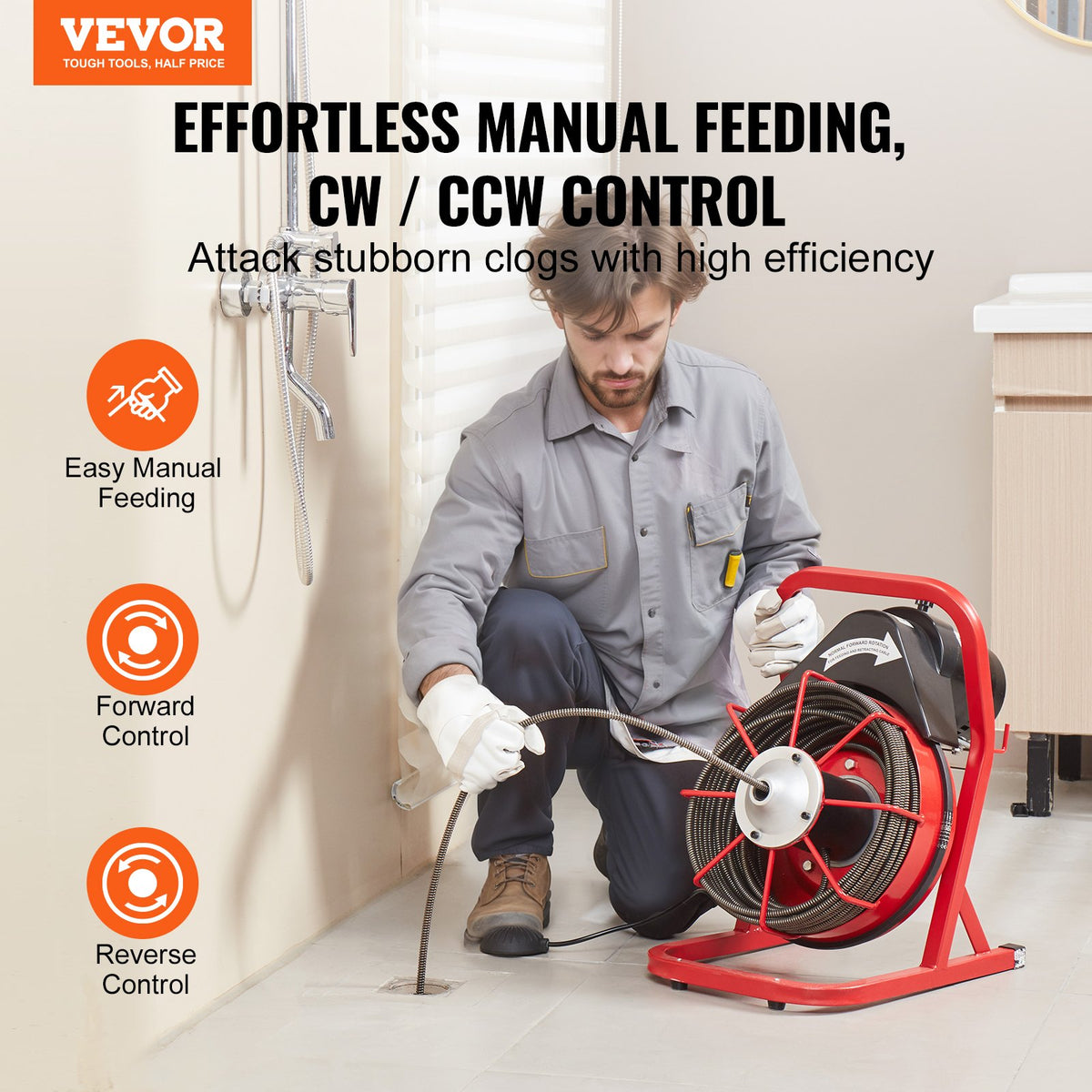 Drain Cleaner Machine | 75ft x 3/8" Manual Feed Auger with 4 Cutters