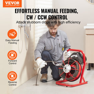 Drain Cleaner Machine | 75ft x 3/8" Manual Feed Auger with 4 Cutters