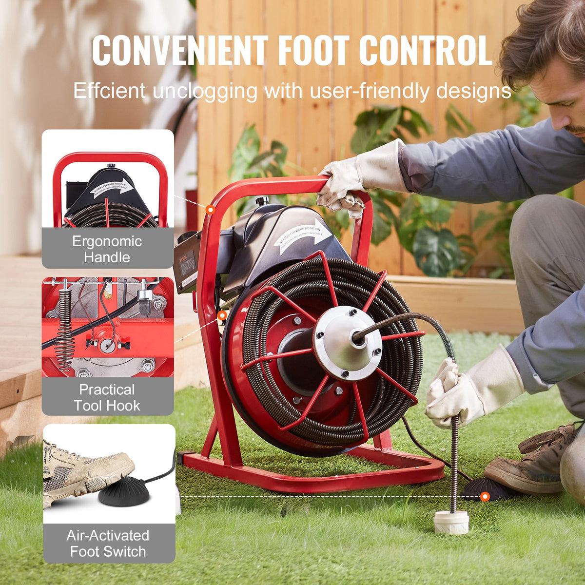 Drain Cleaner Machine | 75ft x 3/8" Manual Feed Auger with 4 Cutters