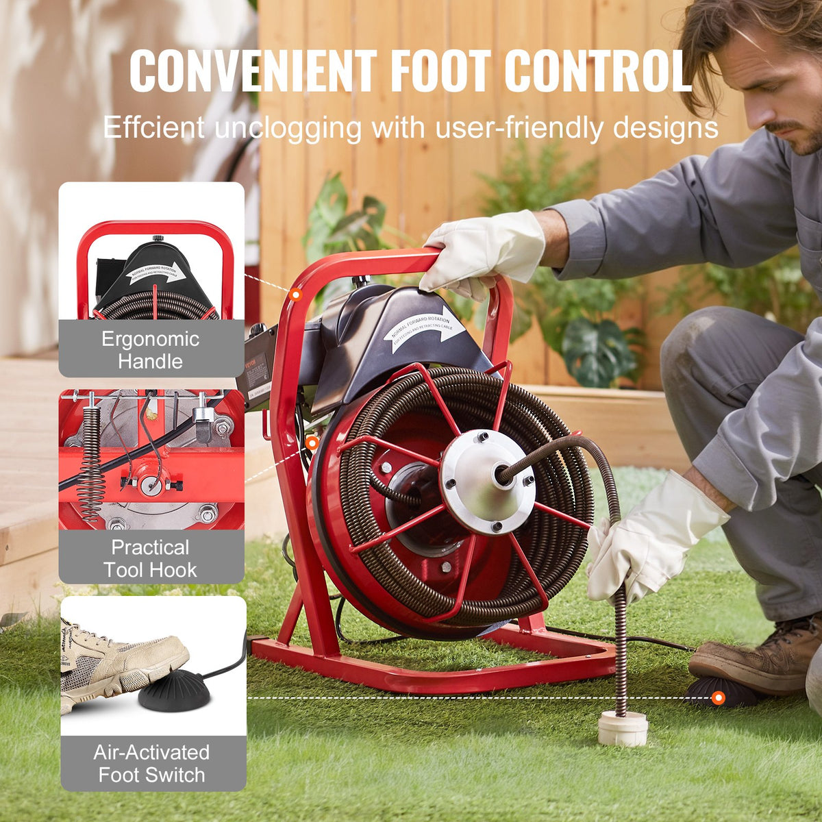 Drain Auger | 50ft x 1/2" Manual Drain Cleaner with 4 Cutters | Pipe & Sewer Cleaning Tool