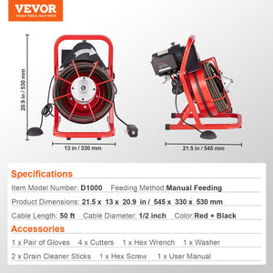 Drain Auger | 50ft x 1/2" Manual Drain Cleaner with 4 Cutters | Pipe & Sewer Cleaning Tool