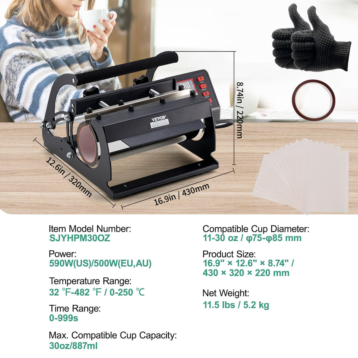 Tumbler Heat Press | 11-30oz Mug Press Sublimation Machine | Black