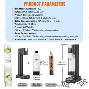 Sparkling Water Maker | Soda Machine for Home Carbonation | Starter Kit with BPA-Free 1L PET Bottle & 2 CO2 Cylinders | Compatible with 60L Screw-In Cylinders