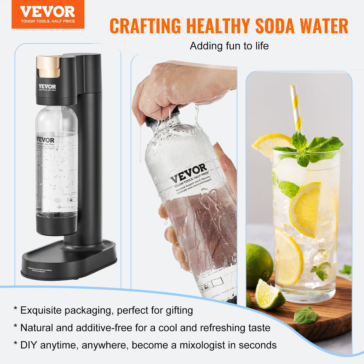 Sparkling Water Maker Kit | Home Soda Carbonator with 1L Bottle & CO2 Cylinder | Fits Standard 60L Screw-In Cylinders