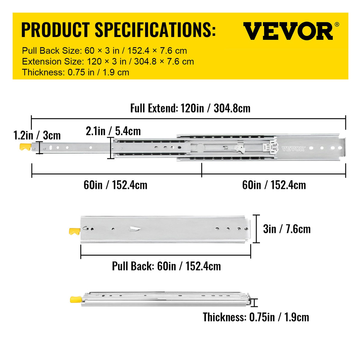 Drawer Slides with Lock 60" | Heavy Duty 500 lbs Capacity | Full Extension Ball Bearing