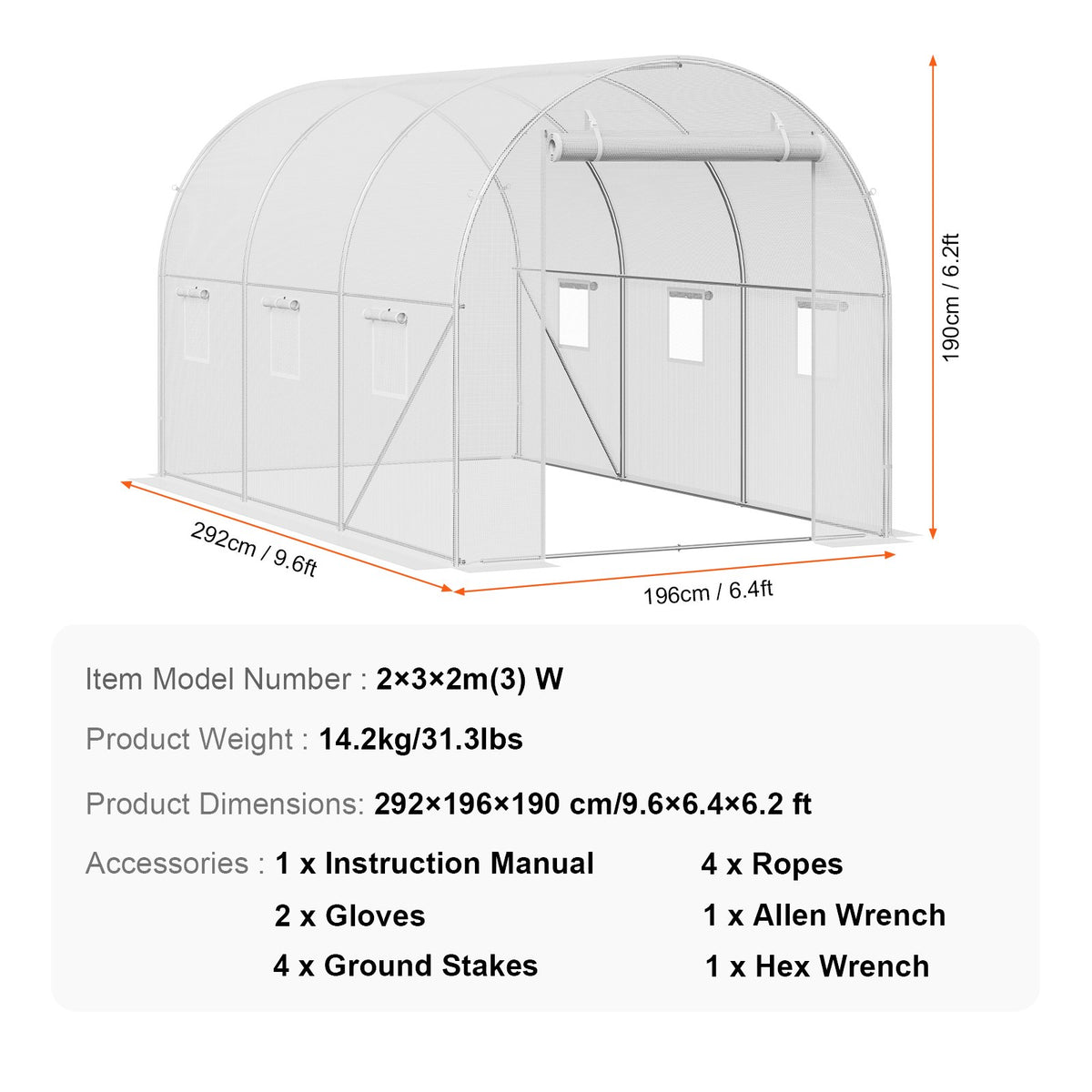 Walk-in Greenhouse | 9.6x6.4x6.2 ft PE Cover with Galvanized Frame