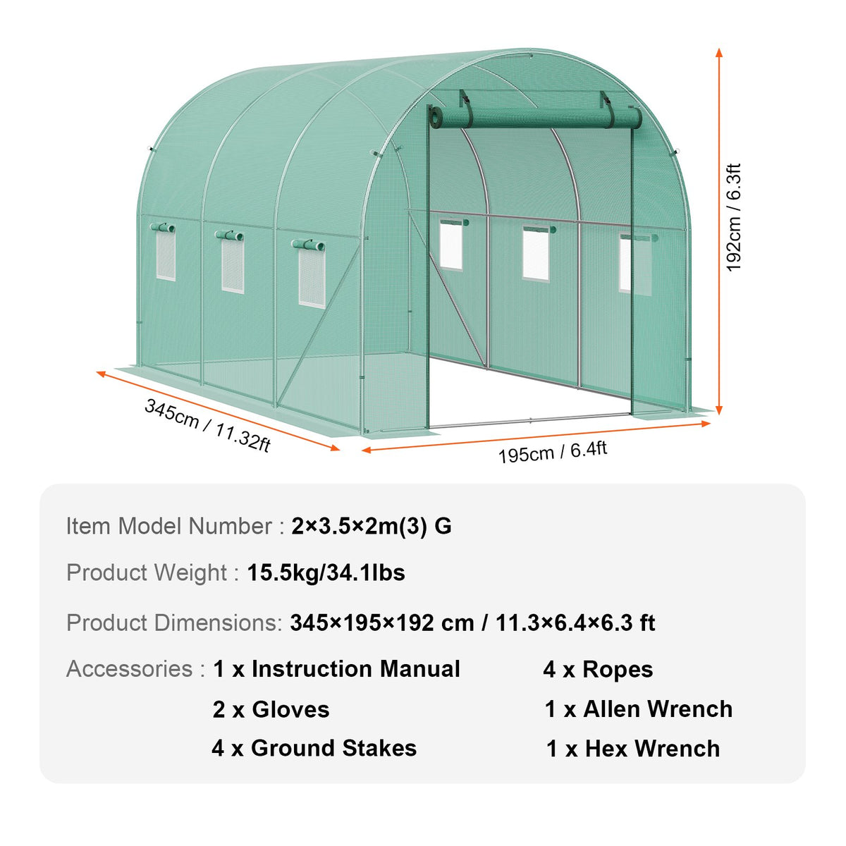 Walk-In Greenhouse | 11.3x6.4x6.3 ft PE Cover with Galvanized Frame