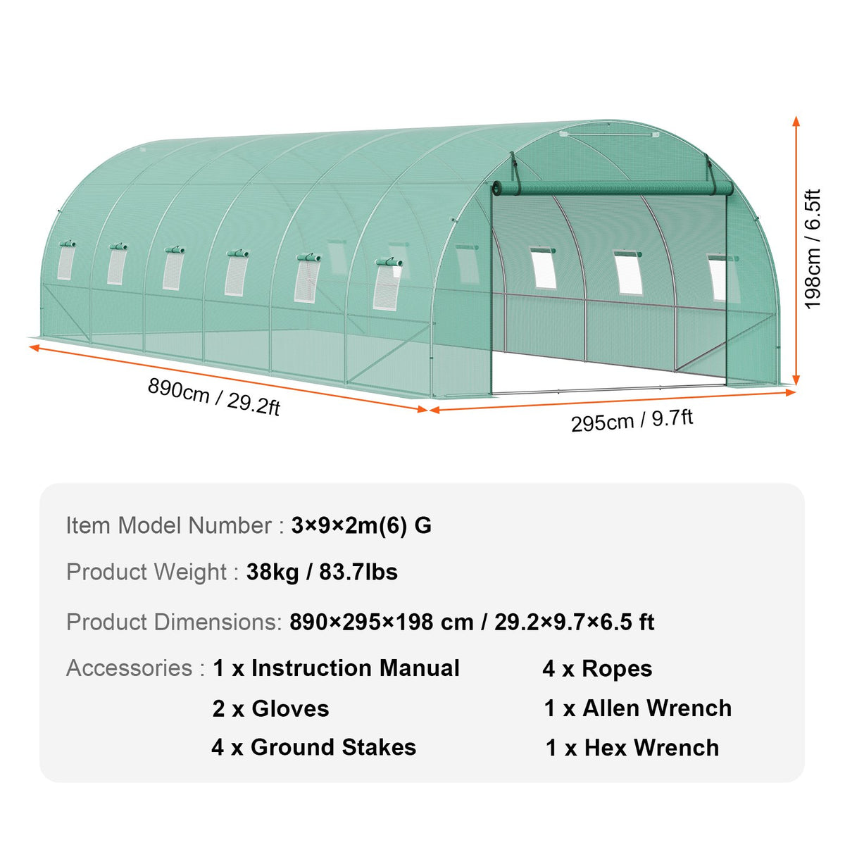 Walk-in Greenhouse | 29.2x9.7x6.5 ft PE Cover with Galvanized Frame