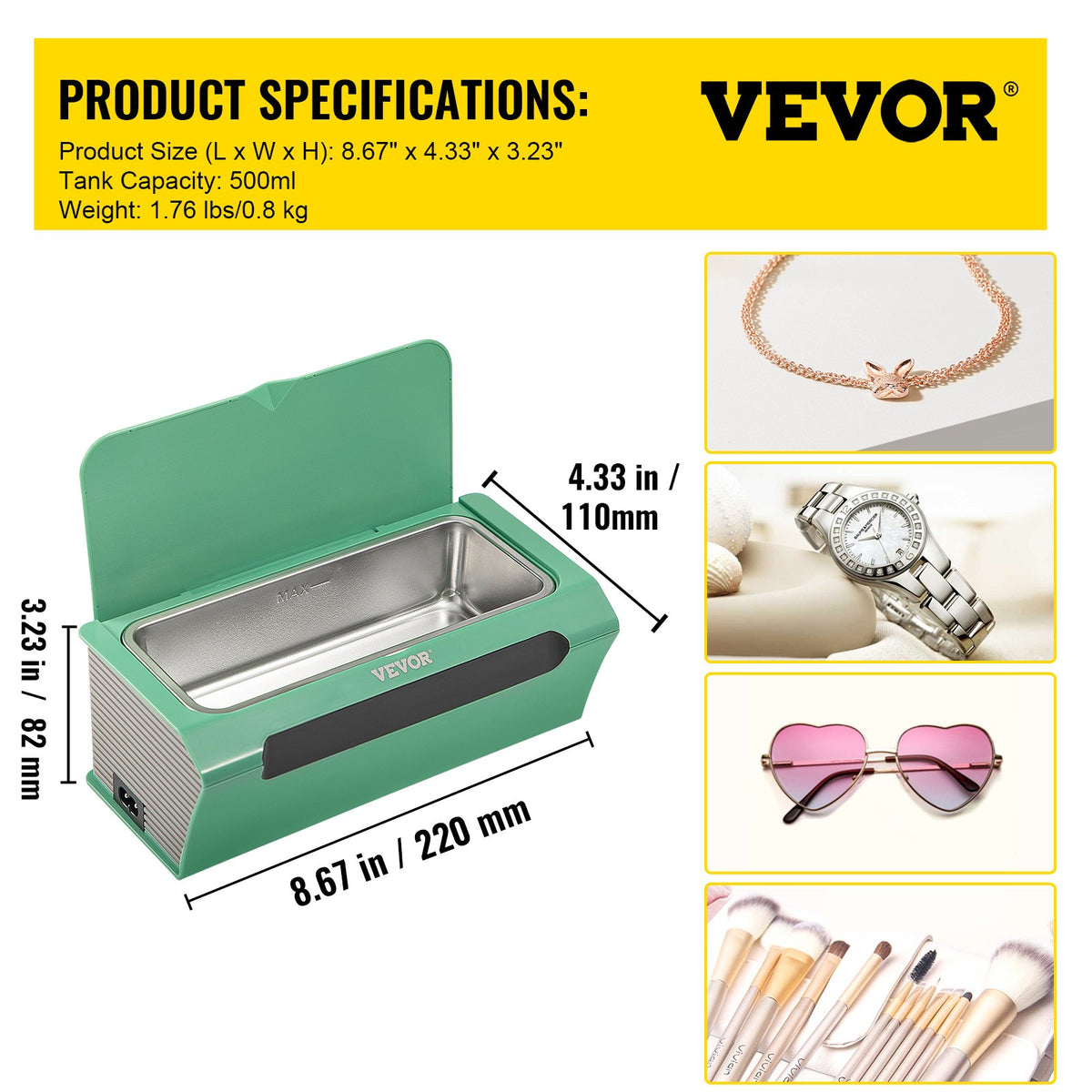 Ultrasonic Cleaner 500ml | Portable Jewellery Cleaning Machine | Green