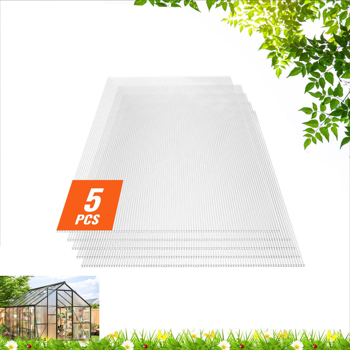 Polycarbonate Greenhouse Panels 5 Pack | 2' x 4' x 0.32" Roof Sheets | Durable & UV Resistant