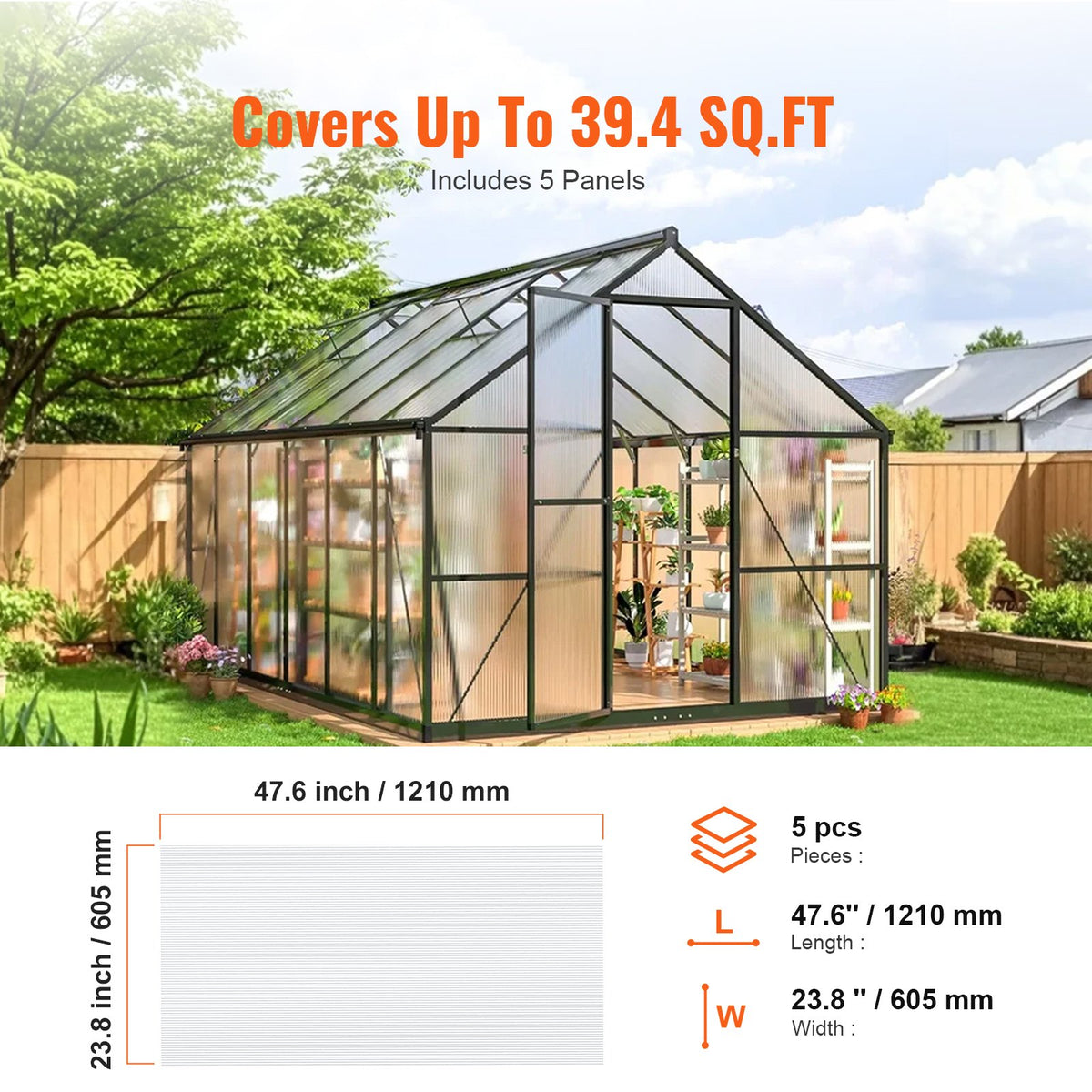 Polycarbonate Greenhouse Panels 5 Pack | 2' x 4' x 0.32" Roof Sheets | Durable & UV Resistant