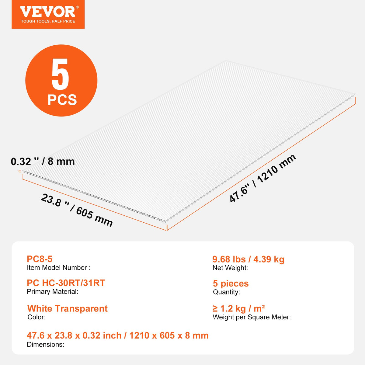 Polycarbonate Greenhouse Panels 5 Pack | 2' x 4' x 0.32" Roof Sheets | Durable & UV Resistant