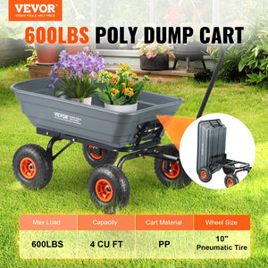 Dump Cart Poly Garden Wagon | Steel Frame | 2-in-1 Convertible Handle | Utility Wheelbarrow 272kg Capacity | 25.5cm Tyres