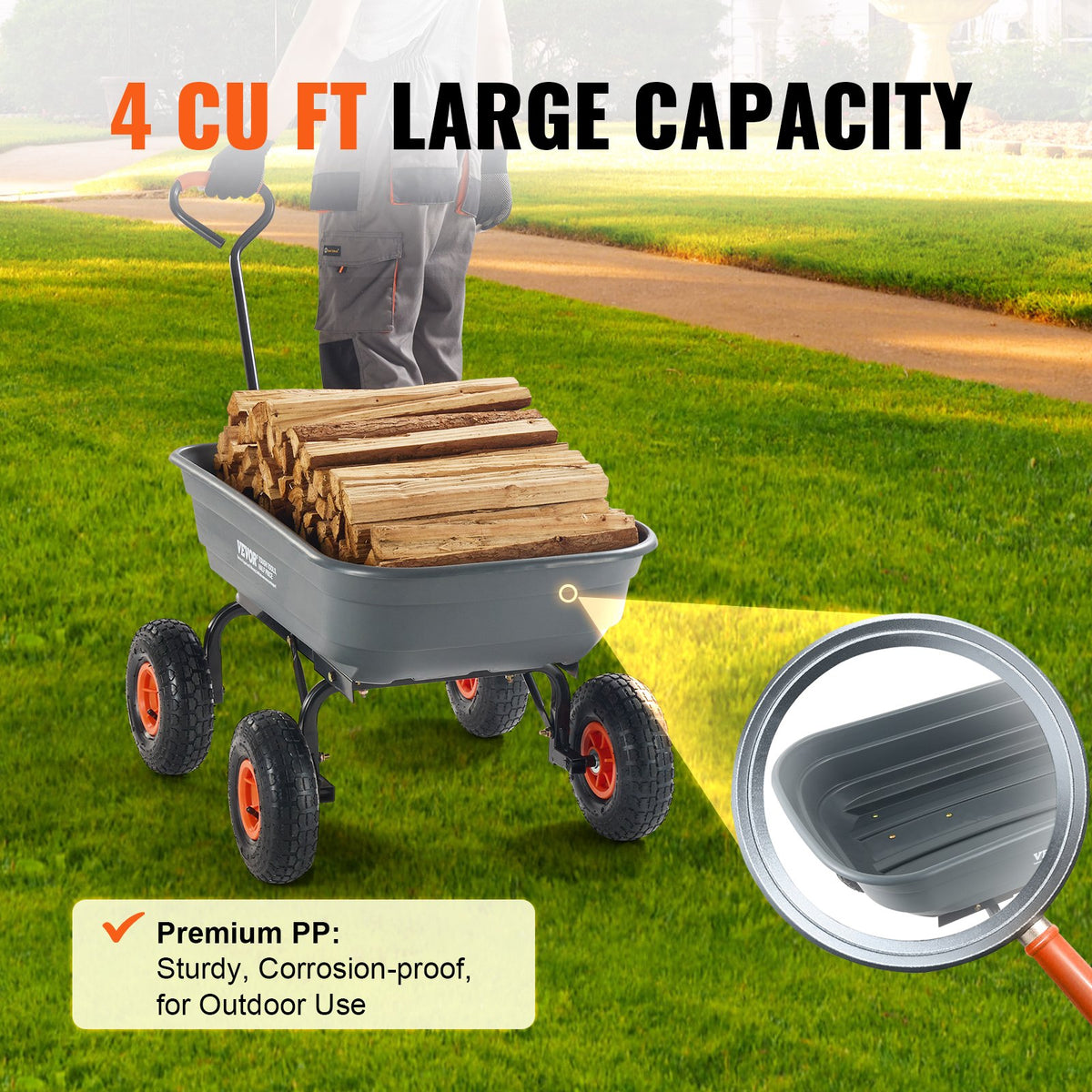Dump Cart Poly Garden Wagon | Steel Frame | 2-in-1 Convertible Handle | Utility Wheelbarrow 272kg Capacity | 25.5cm Tyres