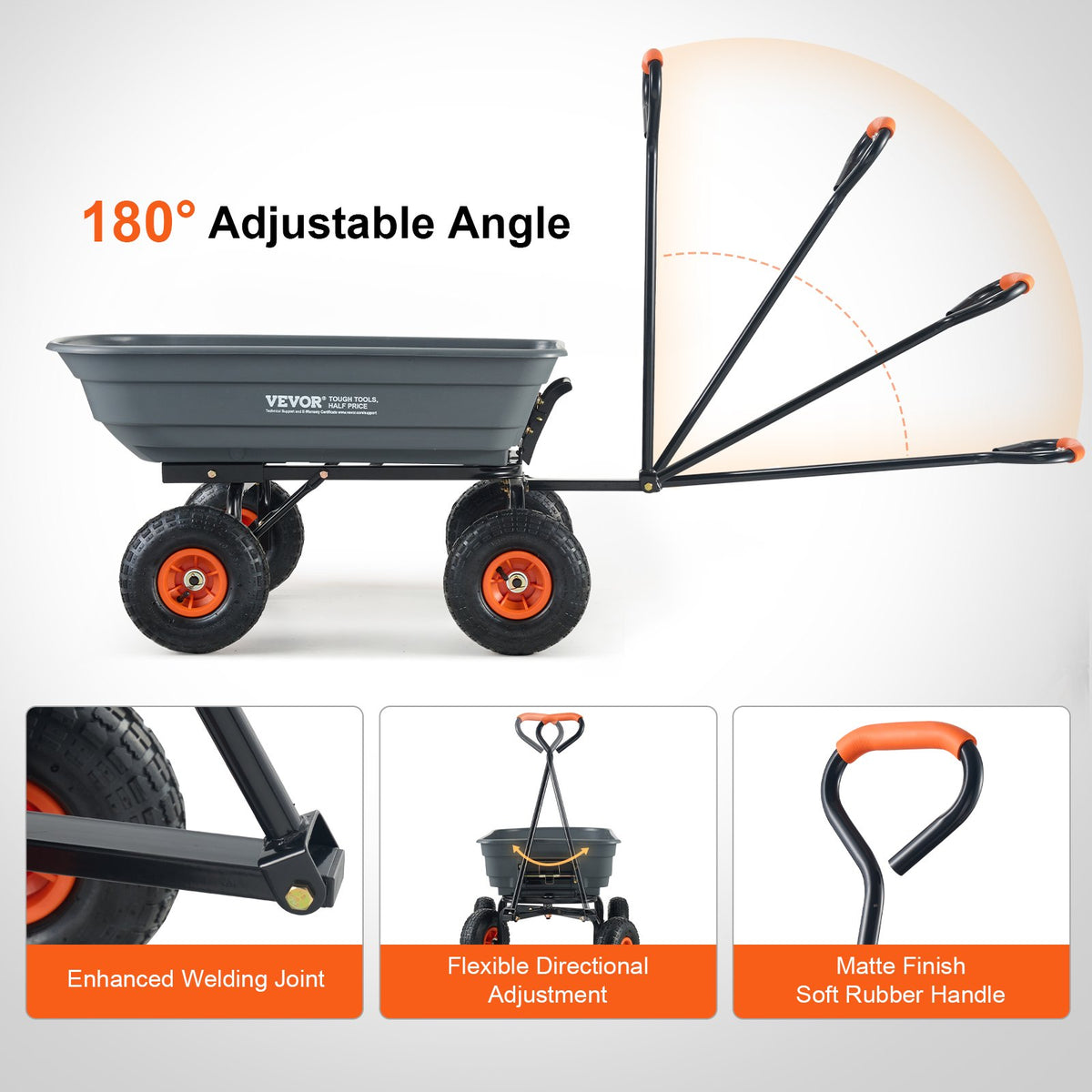 Dump Cart Poly Garden Wagon | Steel Frame | 2-in-1 Convertible Handle | Utility Wheelbarrow 272kg Capacity | 25.5cm Tyres