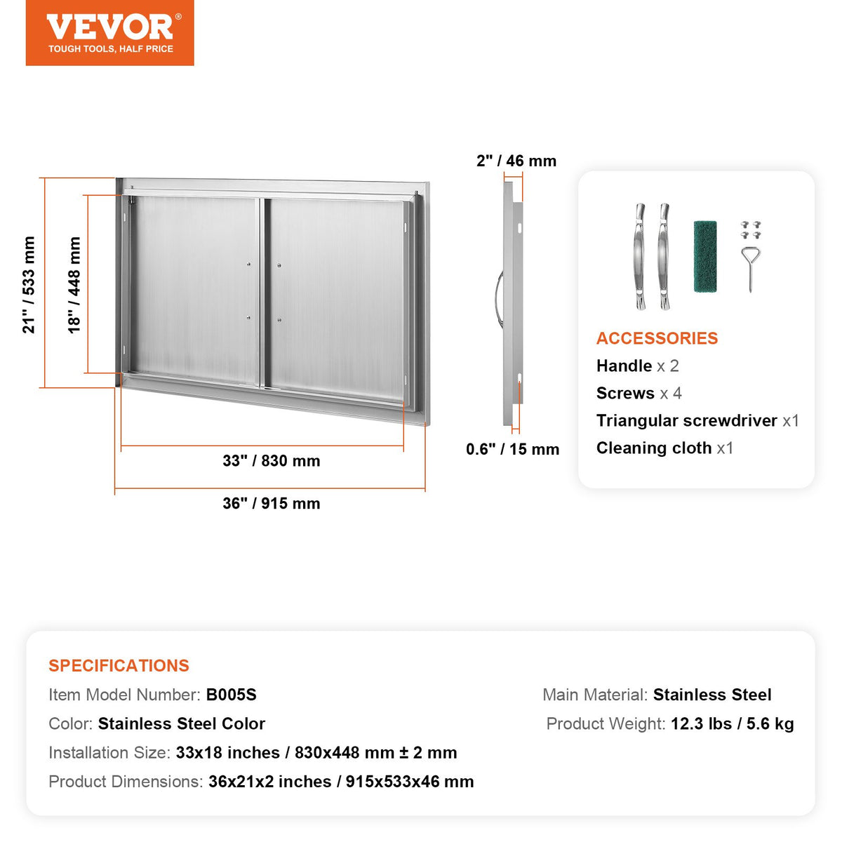 BBQ Access Door | 915x533mm Double Stainless Steel Outdoor Kitchen Doors | Flush Mount BBQ Island Access