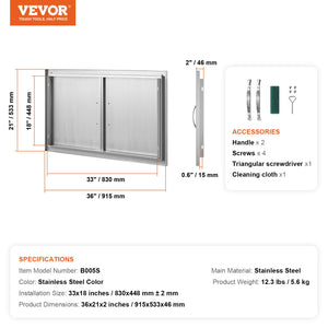 BBQ Access Door | 915x533mm Double Stainless Steel Outdoor Kitchen Doors | Flush Mount BBQ Island Access