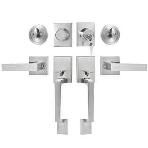 Double Door Handle Set Satin Nickel | Heavy Duty Square Lever with Dummy & Lock Set | Reversible Handle for Front Door or Office Entry