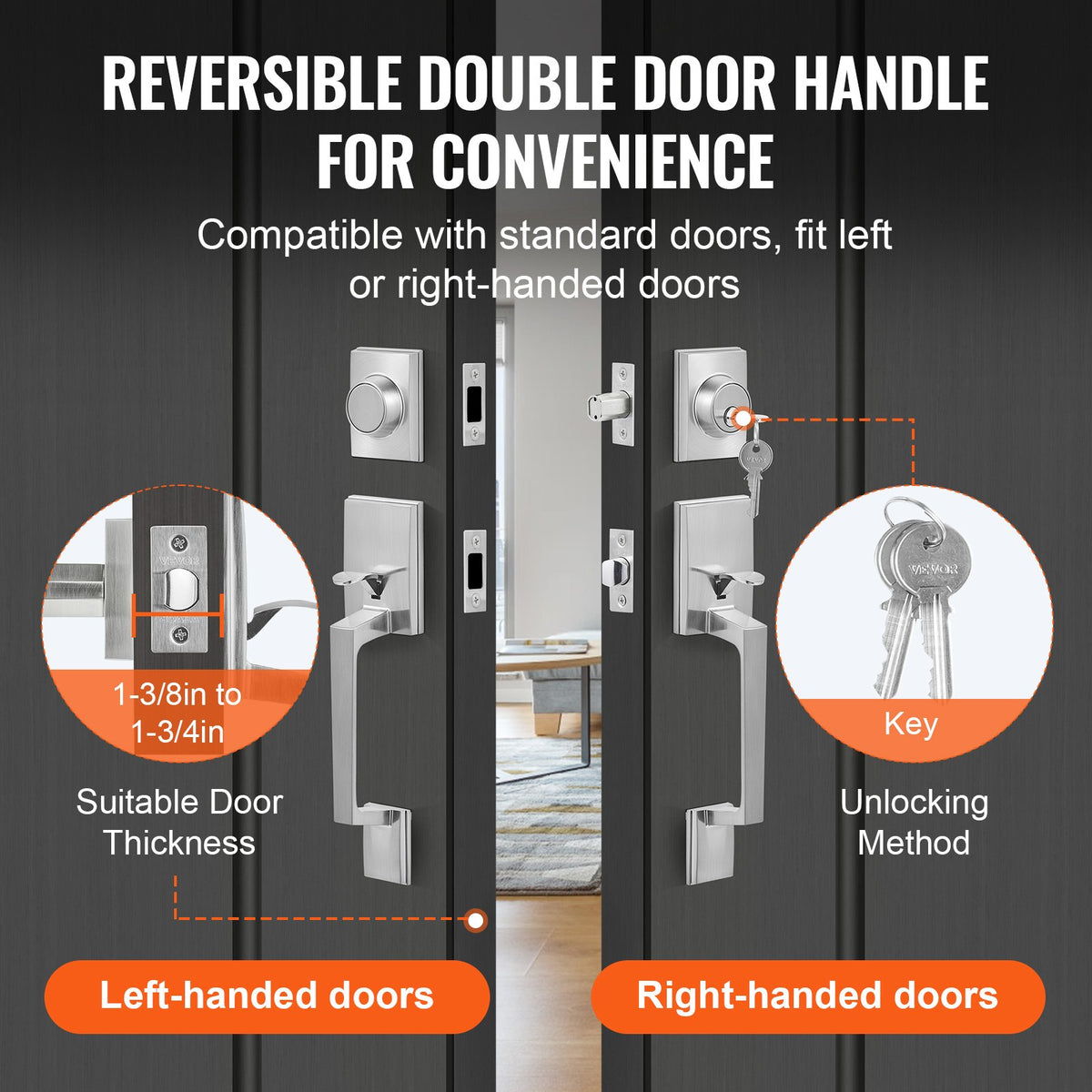 Double Door Handle Set Satin Nickel | Heavy Duty Square Lever with Dummy & Lock Set | Reversible Handle for Front Door or Office Entry